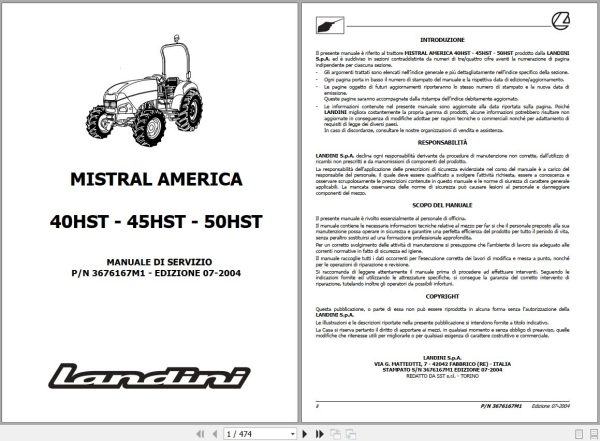 Landini Tractor MISTRAL AMERICA 40HST 50HST Service Manual 3676167M1 IT 1
