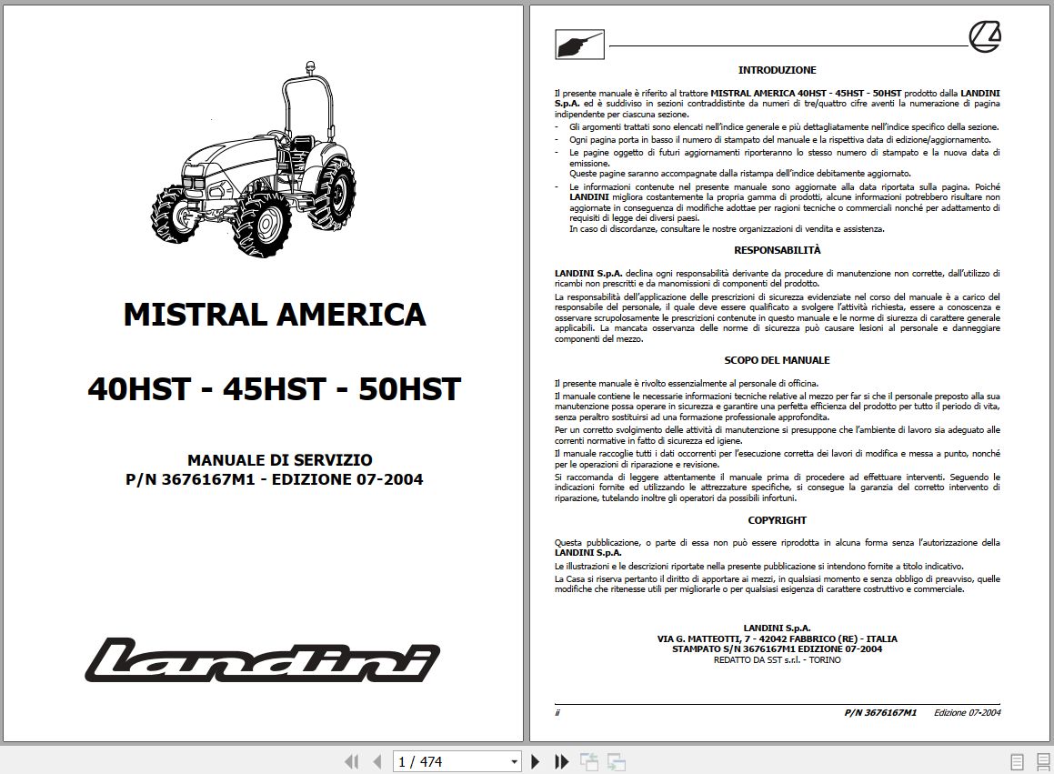 Landini Tractor MISTRAL AMERICA 40HST 50HST Service Manual 3676167M1 IT 1