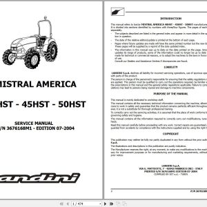 Landini Tractor MISTRAL AMERICA 40HST 50HST Service Manual 3676168M1 EN 1