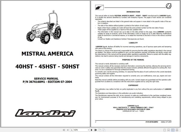 Landini Tractor MISTRAL AMERICA 40HST 50HST Service Manual 3676168M1 EN 1