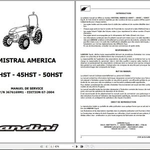 Landini Tractor MISTRAL AMERICA 40HST 50HST Service Manual 3676169M1 FR 1