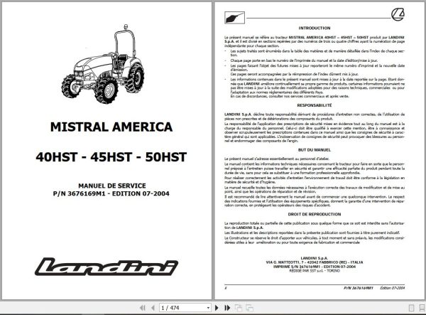 Landini Tractor MISTRAL AMERICA 40HST 50HST Service Manual 3676169M1 FR 1