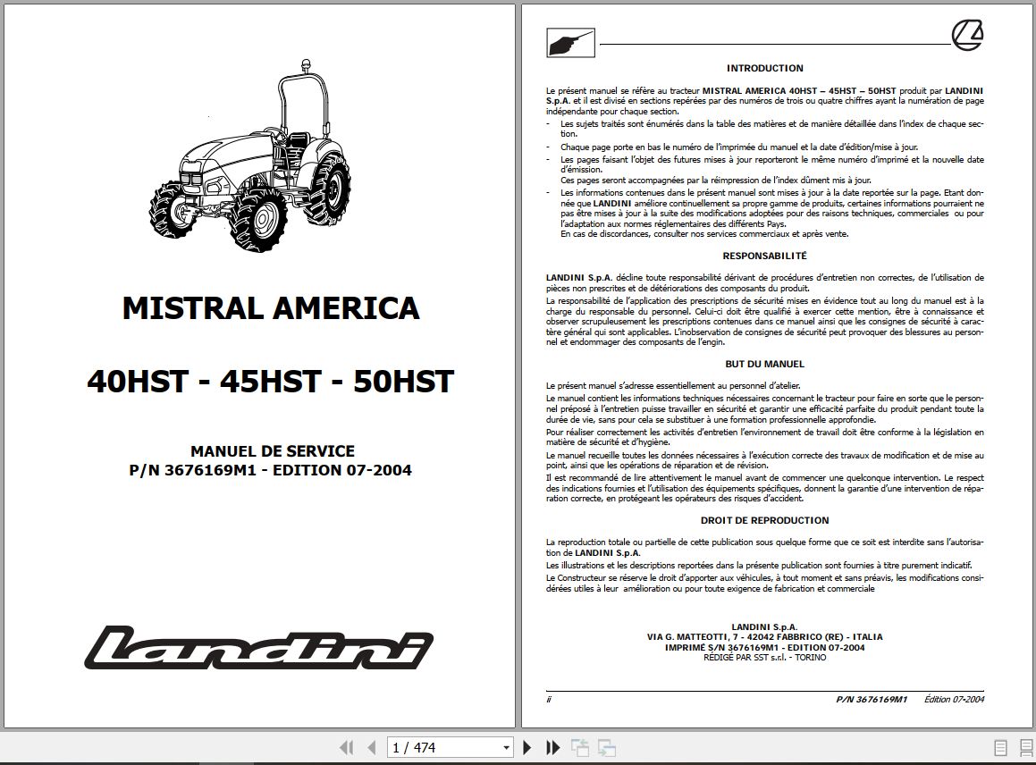 Landini Tractor MISTRAL AMERICA 40HST 50HST Service Manual 3676169M1 FR 1