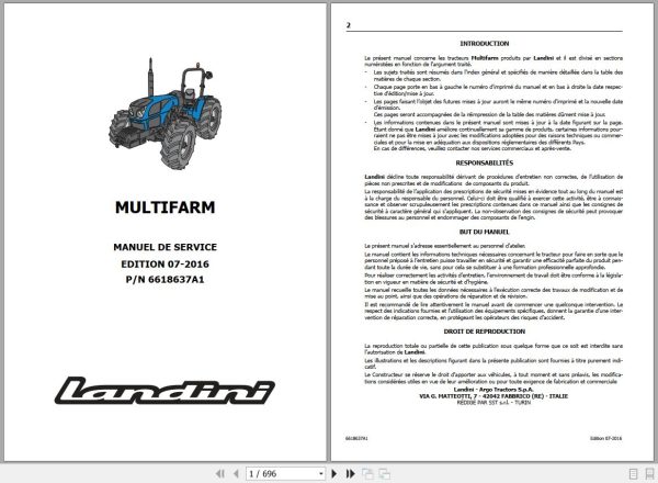 Landini Tractor MULTIFARM 75 80 90 Service Manual 6618637A1 FR 1