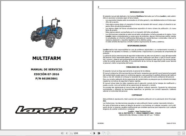 Landini Tractor MULTIFARM 75 80 90 Service Manual 6618638A1 ES 1