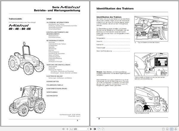 Landini Tractor Mistral 40 45 50 55 Operators Maintenance Manual 3558148M4 DE 1