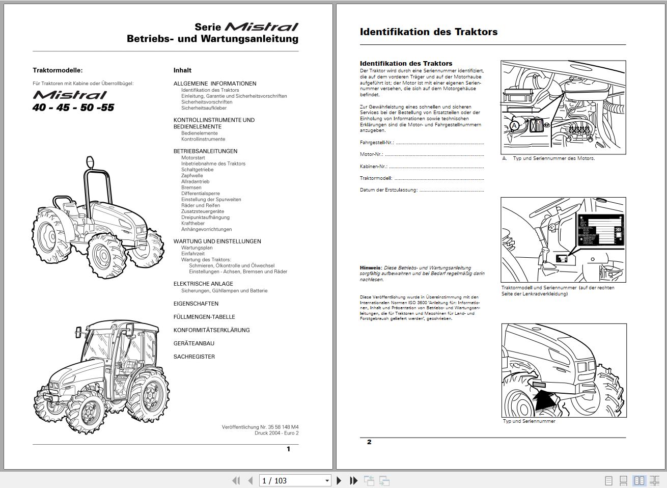 Landini Tractor Mistral 40 45 50 55 Operators Maintenance Manual 3558148M4 DE 1