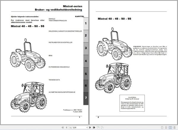 Landini Tractor Mistral 40 45 50 55 Operators Maintenance Manual 3681745M1 NO 1