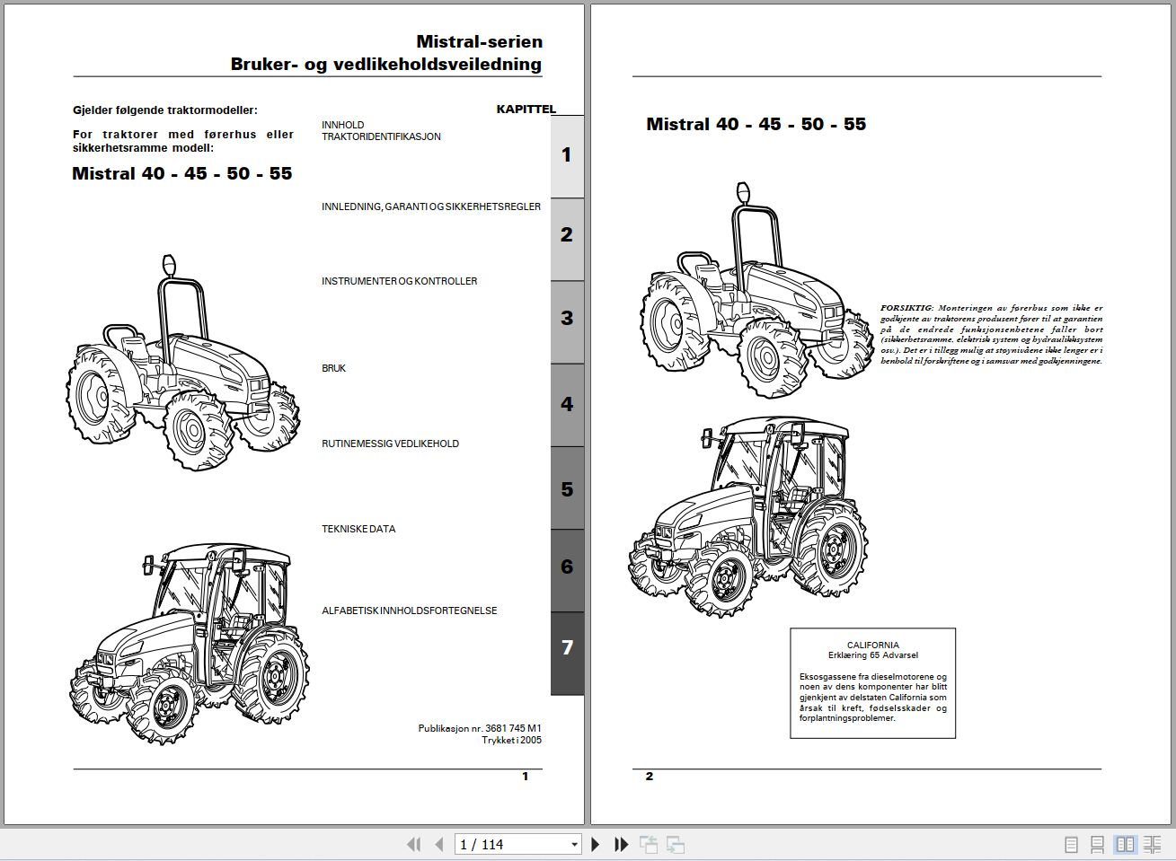 Landini Tractor Mistral 40 45 50 55 Operators Maintenance Manual 3681745M1 NO 1