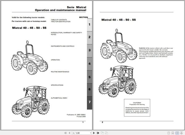 Landini Tractor Mistral 40 45 50 55 Operators Maintenance Manual 3683290M1 EN 1