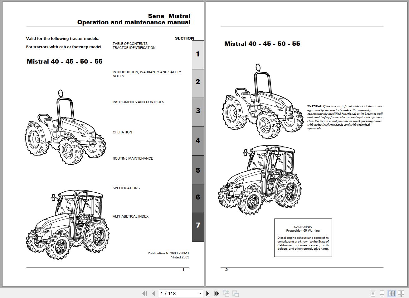 Landini Tractor Mistral 40 45 50 55 Operators Maintenance Manual 3683290M1 EN 1