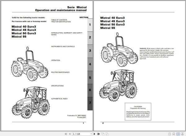 Landini Tractor Mistral 40 45 50 55 Operators Maintenance Manual 3683290M2 EN 1