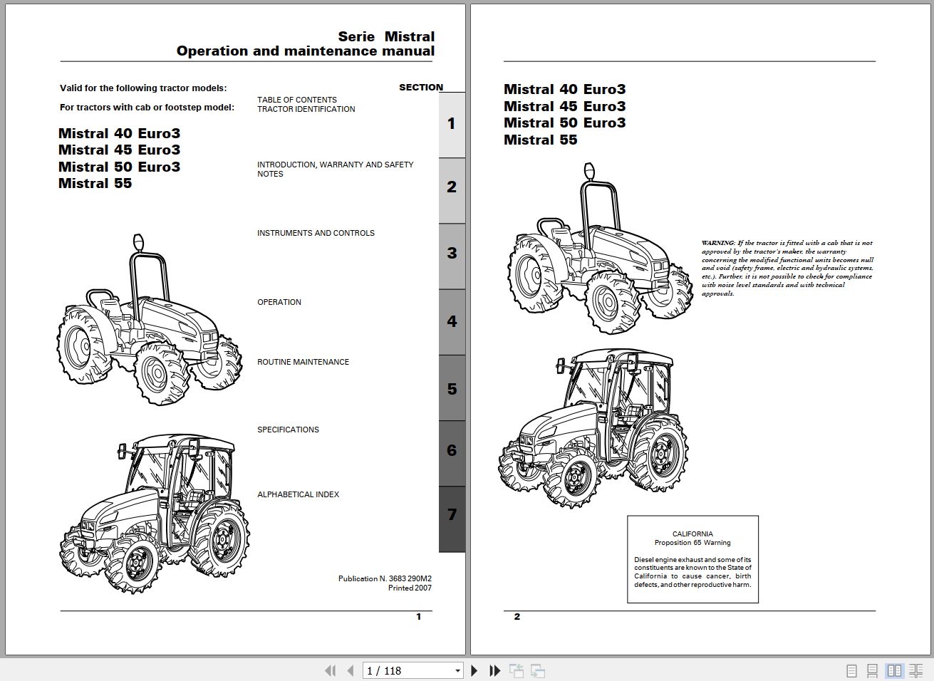 Landini Tractor Mistral 40 45 50 55 Operators Maintenance Manual 3683290M2 EN 1