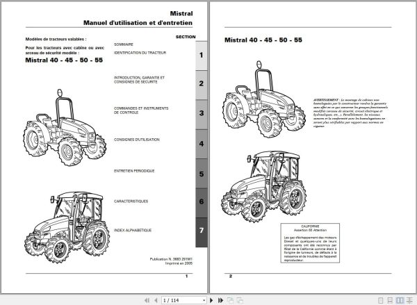 Landini Tractor Mistral 40 45 50 55 Operators Maintenance Manual 3683291M1 FR 1