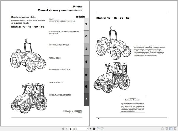 Landini Tractor Mistral 40 45 50 55 Operators Maintenance Manual 3683293M1 ES 1