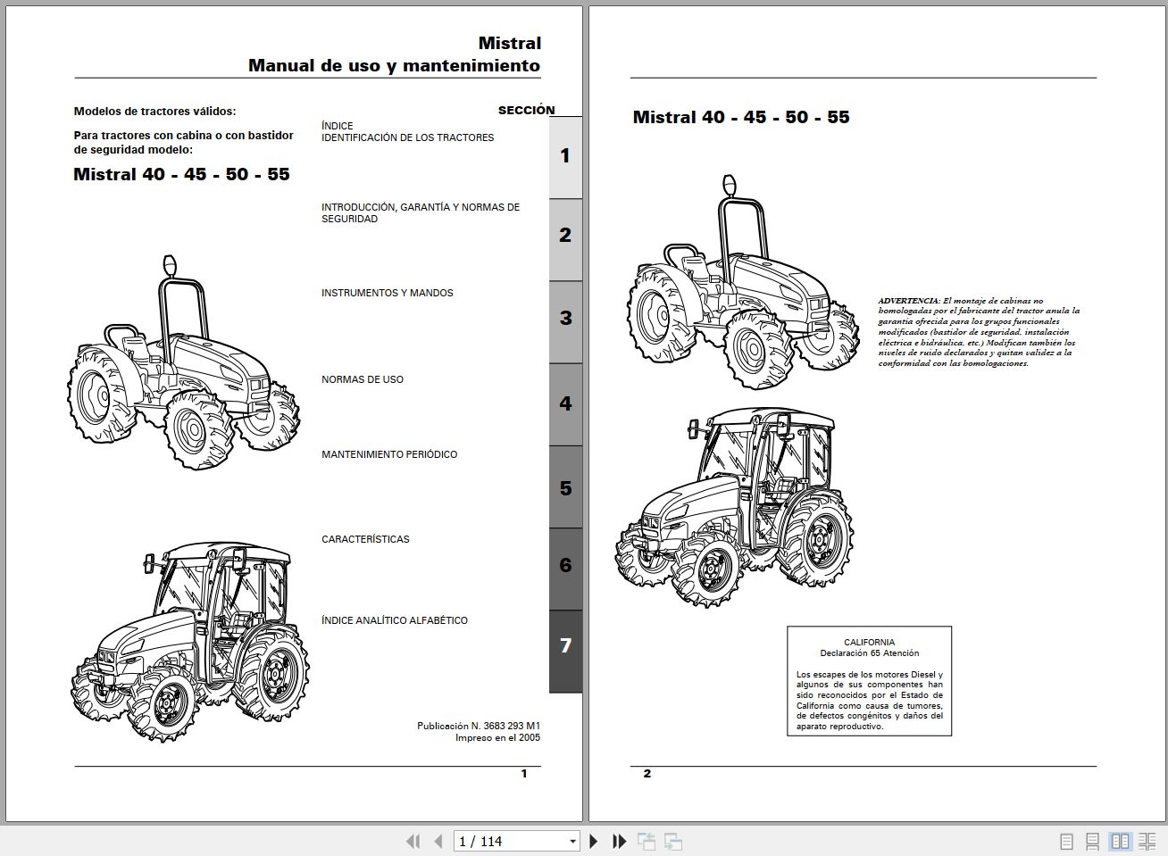 Landini Tractor Mistral 40 45 50 55 Operators Maintenance Manual 3683293M1 ES 1