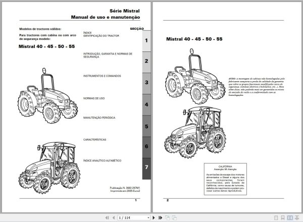 Landini Tractor Mistral 40 45 50 55 Operators Maintenance Manual 3683297M1 PT 1