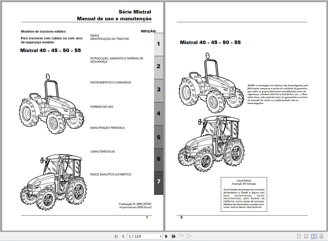 Landini Tractor Mistral 40 45 50 55 Operators Maintenance Manual 3683297M1 PT 1