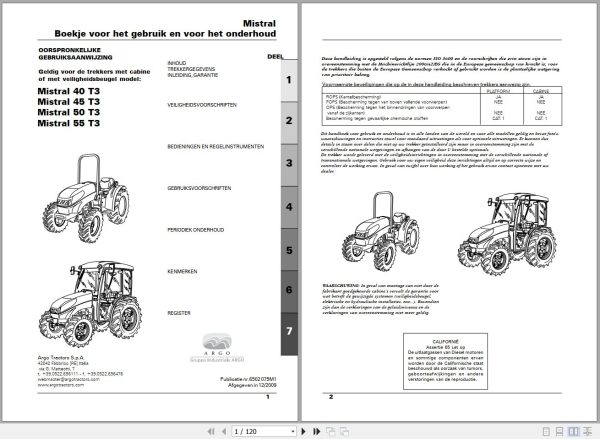 Landini Tractor Mistral 40 45 50 55 T3 Operators Maintenance Manual 6502075M1 NL 1
