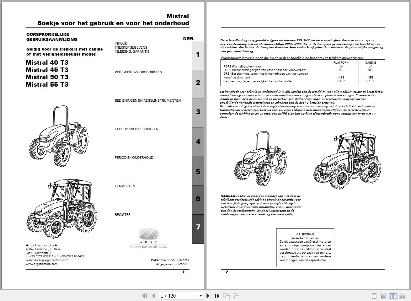 Landini Tractor Mistral 40 45 50 55 T3 Operators Maintenance Manual 6502075M1 NL 1