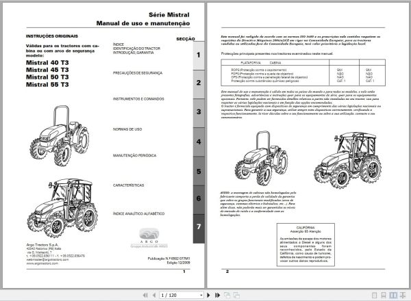Landini Tractor Mistral 40 45 50 55 T3 Operators Maintenance Manual 6502077M1 PT 1