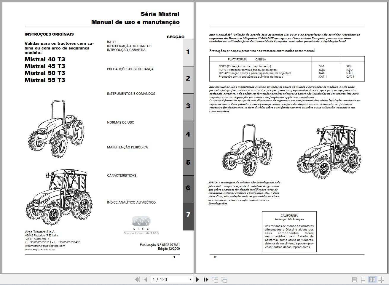 Landini Tractor Mistral 40 45 50 55 T3 Operators Maintenance Manual 6502077M1 PT 1
