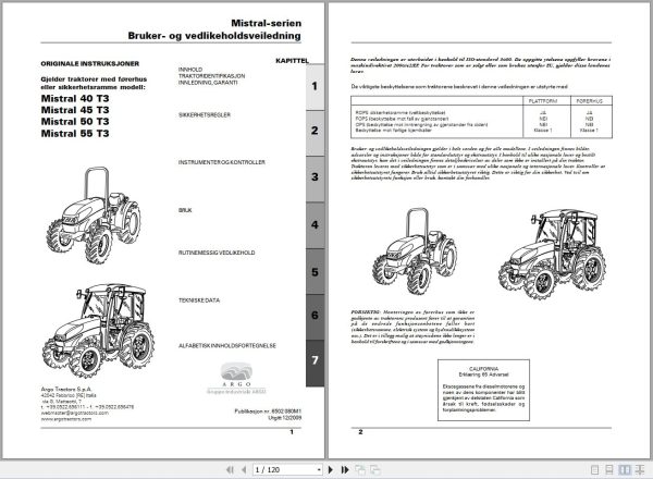Landini Tractor Mistral 40 45 50 55 T3 Operators Maintenance Manual 6502080M1 NO 1
