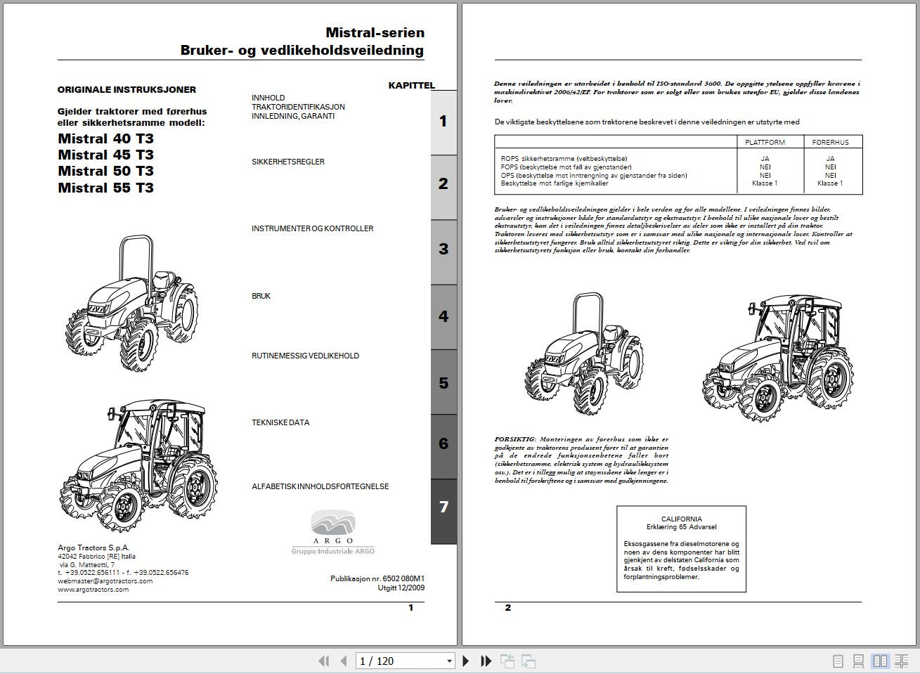 Landini Tractor Mistral 40 45 50 55 T3 Operators Maintenance Manual 6502080M1 NO 1