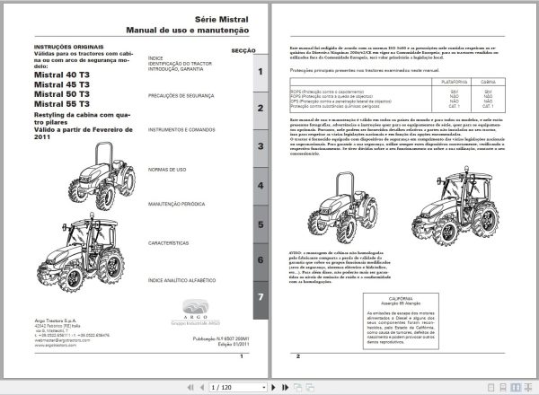 Landini Tractor Mistral 40 45 50 55 T3 Operators Maintenance Manual 6507200M1 PT 1