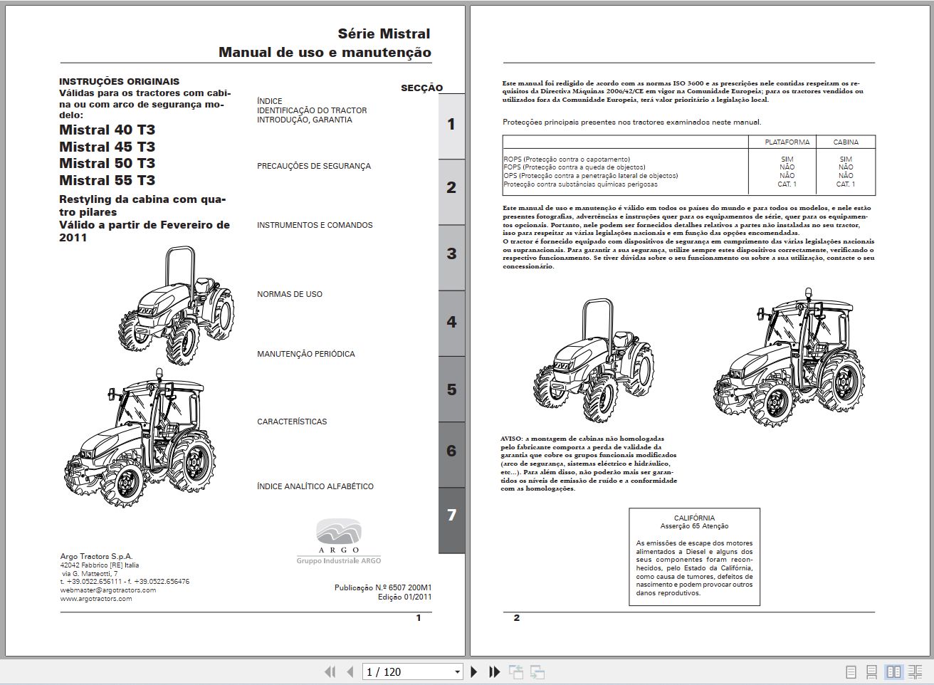 Landini Tractor Mistral 40 45 50 55 T3 Operators Maintenance Manual 6507200M1 PT 1