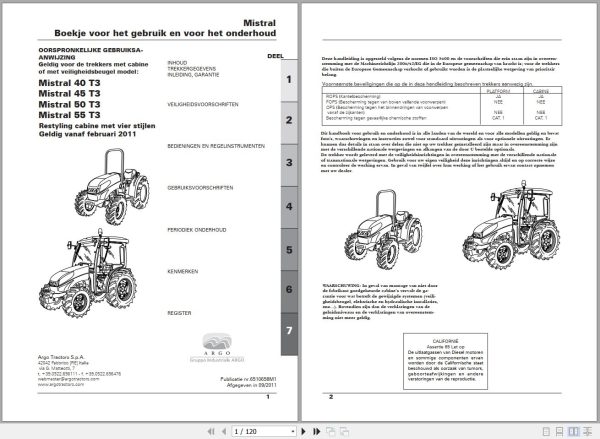 Landini Tractor Mistral 40 45 50 55 T3 Operators Maintenance Manual 6510658M1 NL 1