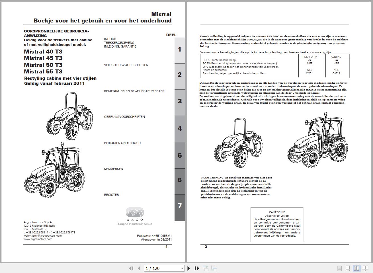 Landini Tractor Mistral 40 45 50 55 T3 Operators Maintenance Manual 6510658M1 NL 1