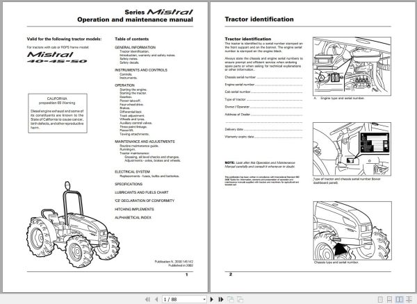Landini Tractor Mistral 40 45 50 Operators Maintenance Manual 3558145M2 EN 1