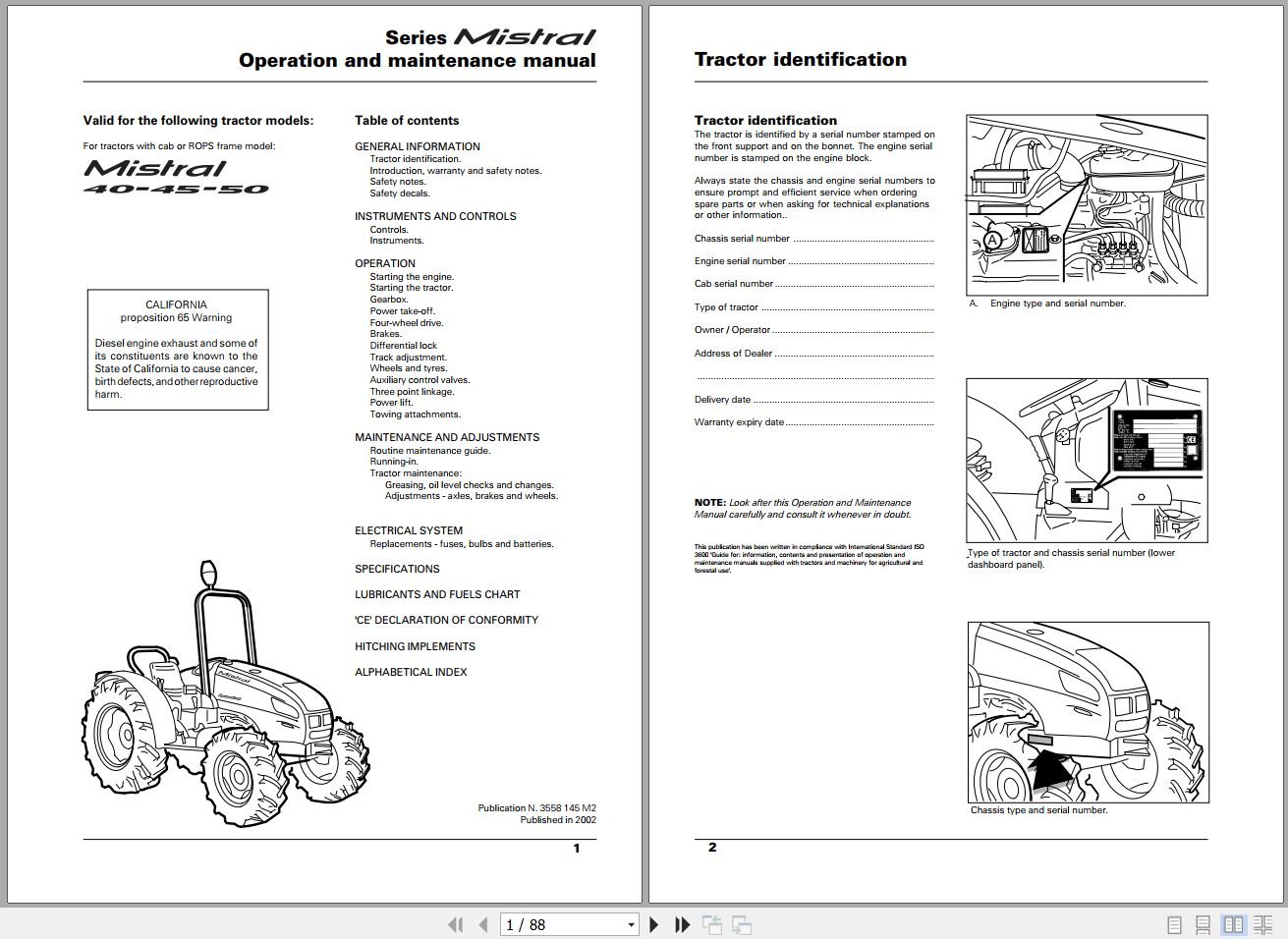 Landini Tractor Mistral 40 45 50 Operators Maintenance Manual 3558145M2 EN 1