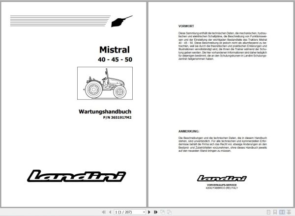 Landini Tractor Mistral 40 45 50 Service Manual 3651917M2 DE 1