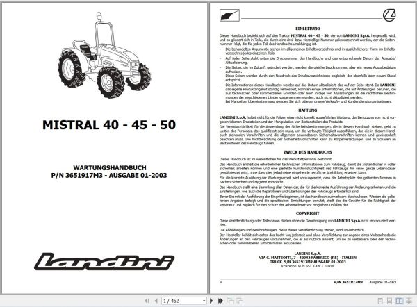 Landini Tractor Mistral 40 45 50 Service Manual 3651917M3 DE 1
