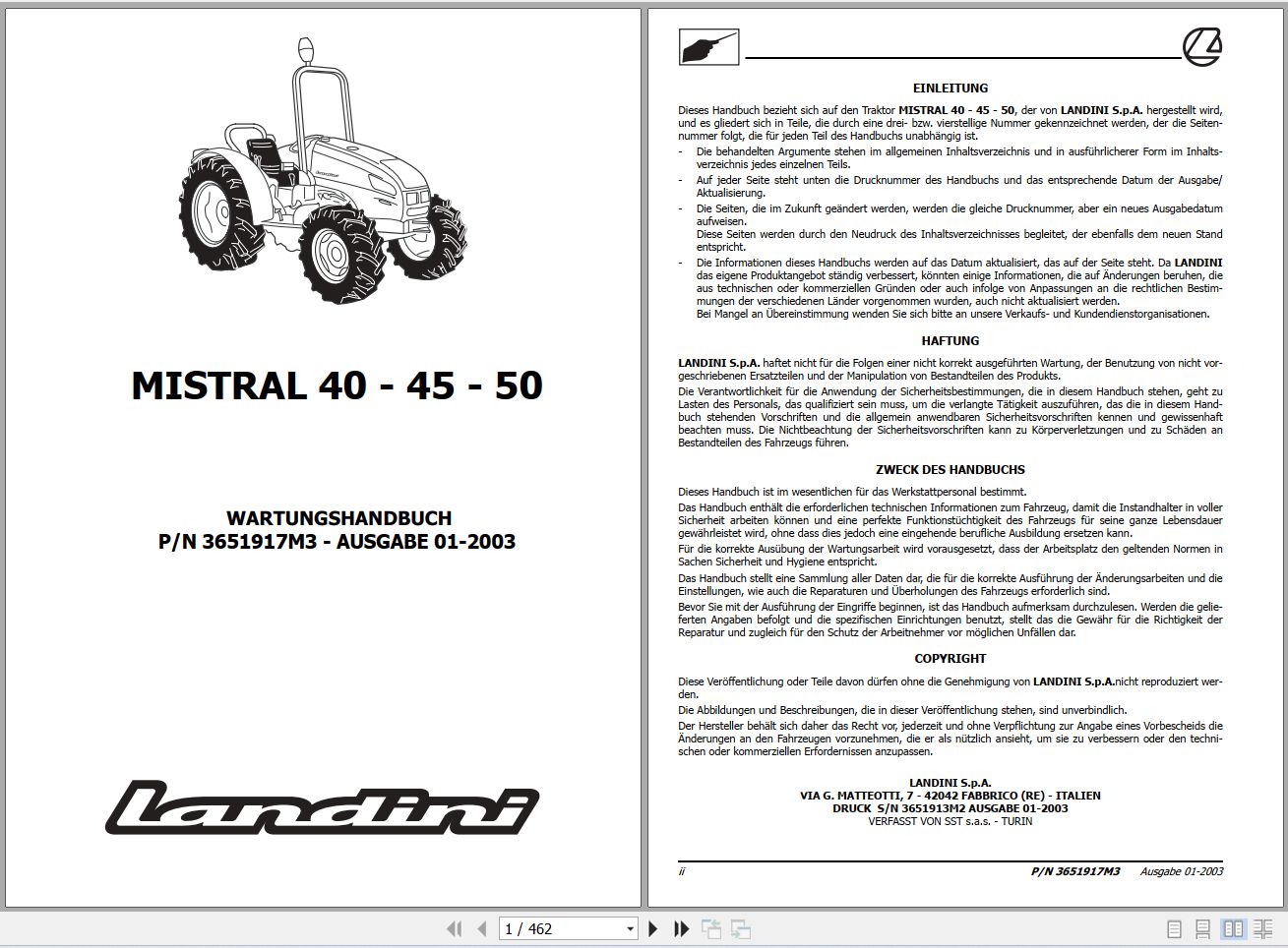 Landini Tractor Mistral 40 45 50 Service Manual 3651917M3 DE 1