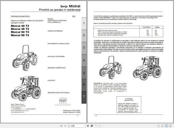 Landini Tractor Mistral 40 55 T3 Operators Maintenance Manual 6502079M1 SL 1