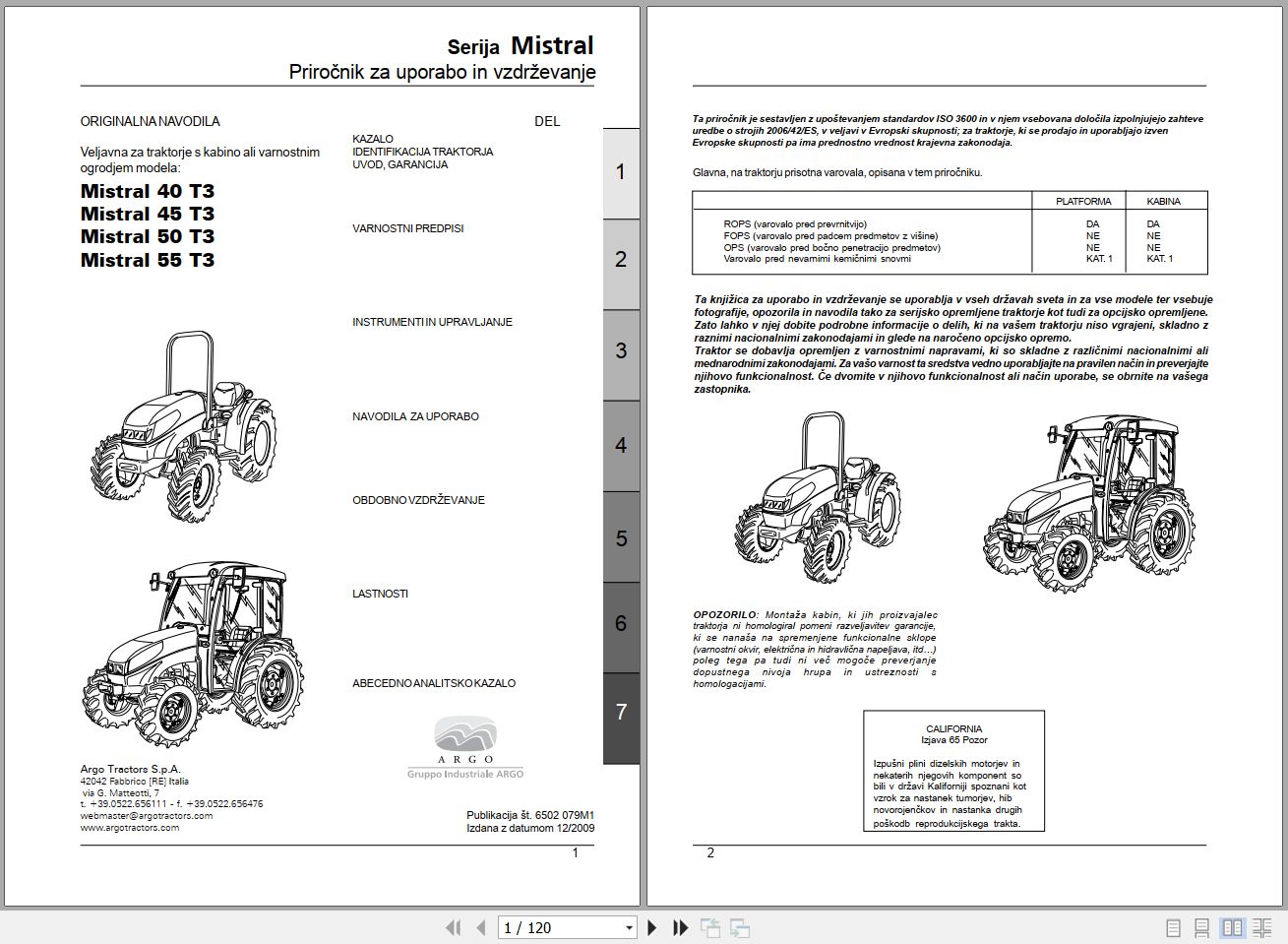 Landini Tractor Mistral 40 55 T3 Operators Maintenance Manual 6502079M1 SL 1