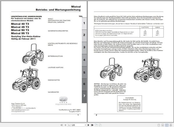 Landini Tractor Mistral 40 55 T3 Operators Maintenance Manual 6507199M1 DE 1