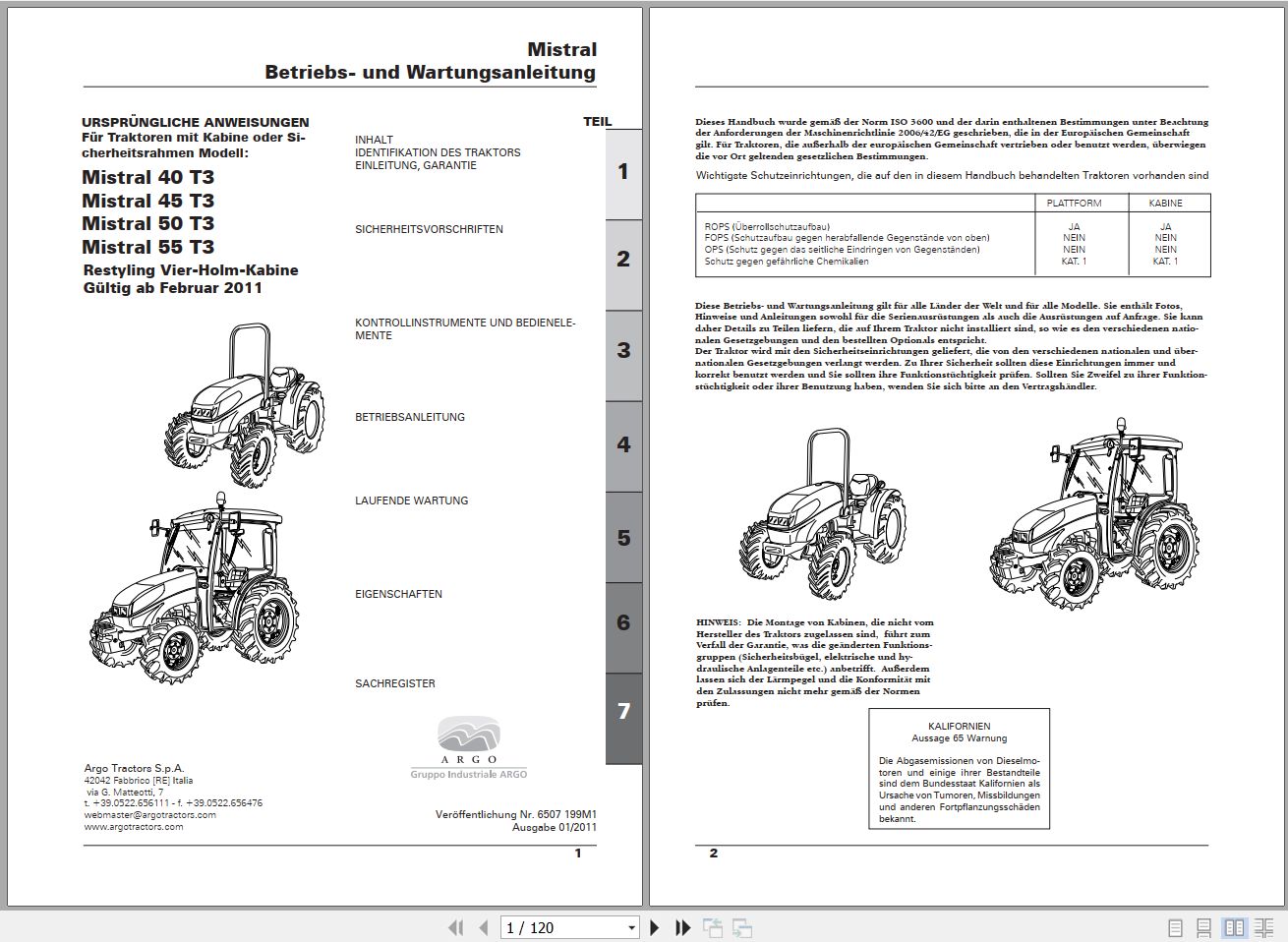 Landini Tractor Mistral 40 55 T3 Operators Maintenance Manual 6507199M1 DE 1
