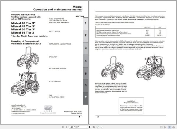 Landini Tractor Mistral 40 55 Tier 3 Operators Maintenance Manual 6510243M2 EN 1