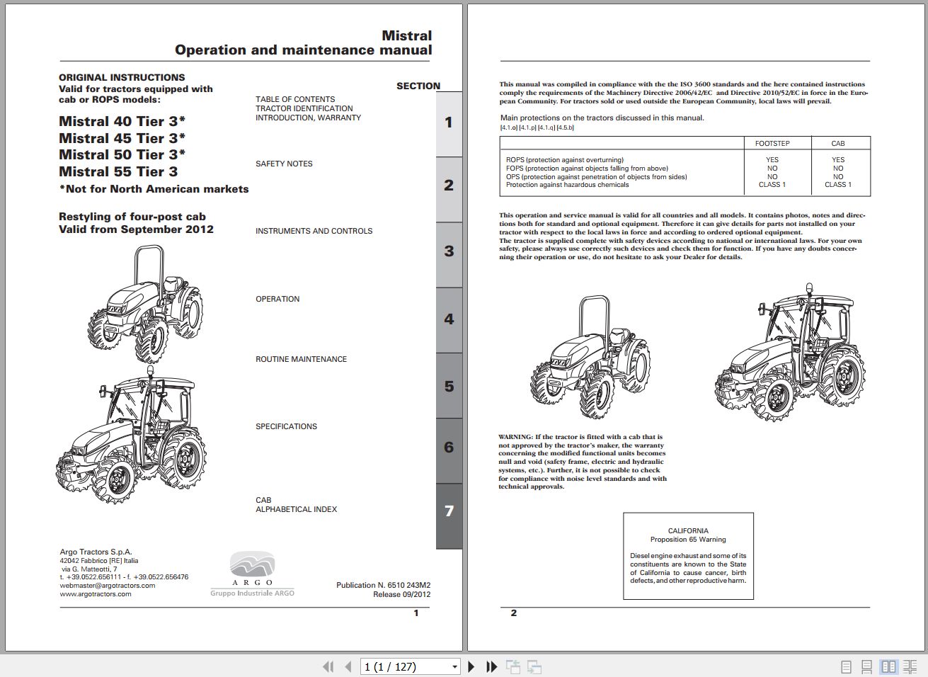 Landini Tractor Mistral 40 55 Tier 3 Operators Maintenance Manual 6510243M2 EN 1