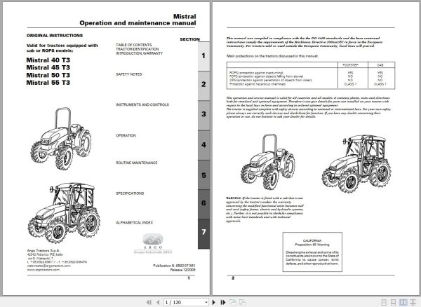 Landini Tractor Mistral 40 T3 to 55 T3 Operators Maintenance Manual 6502071M1 EN 1