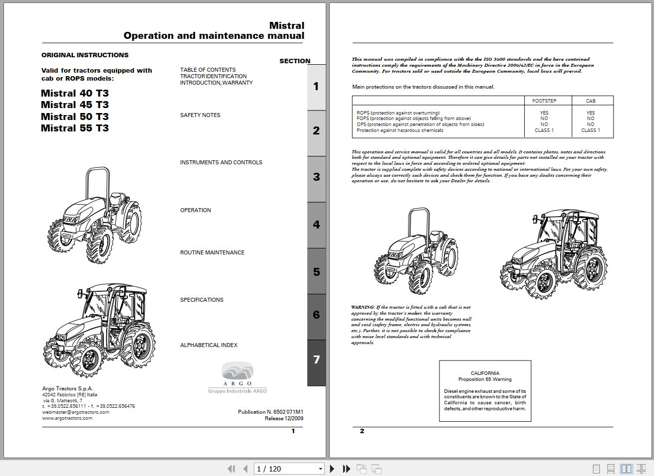 Landini Tractor Mistral 40 T3 to 55 T3 Operators Maintenance Manual 6502071M1 EN 1