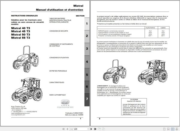 Landini Tractor Mistral 40 T3 to 55 T3 Operators Maintenance Manual 6502072M1 FR 1