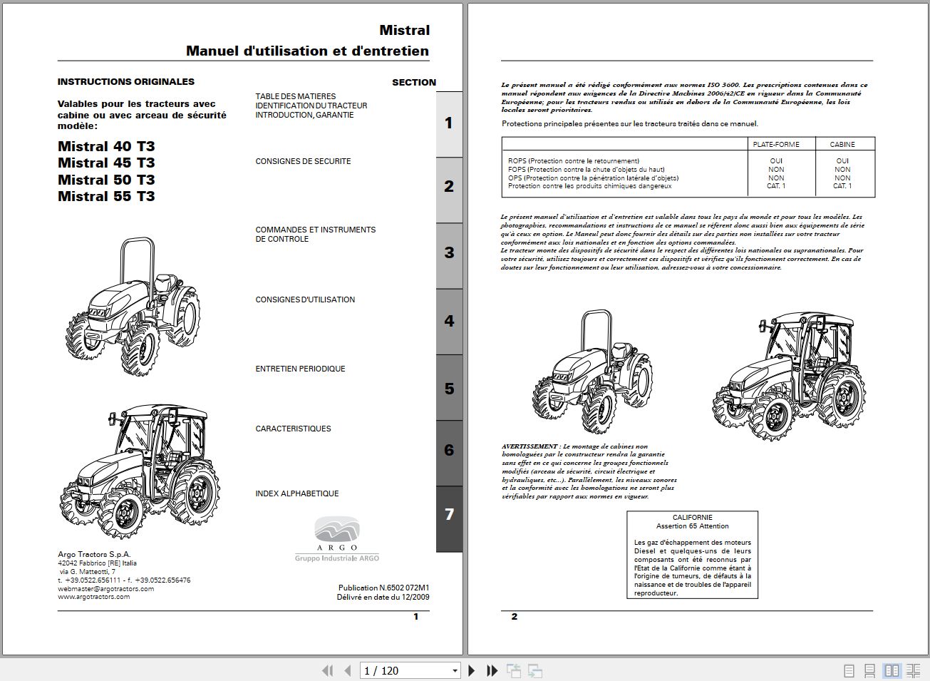 Landini Tractor Mistral 40 T3 to 55 T3 Operators Maintenance Manual 6502072M1 FR 1