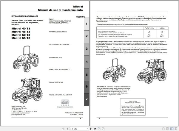 Landini Tractor Mistral 40 T3 to 55 T3 Operators Maintenance Manual 6502073M1 ES 1