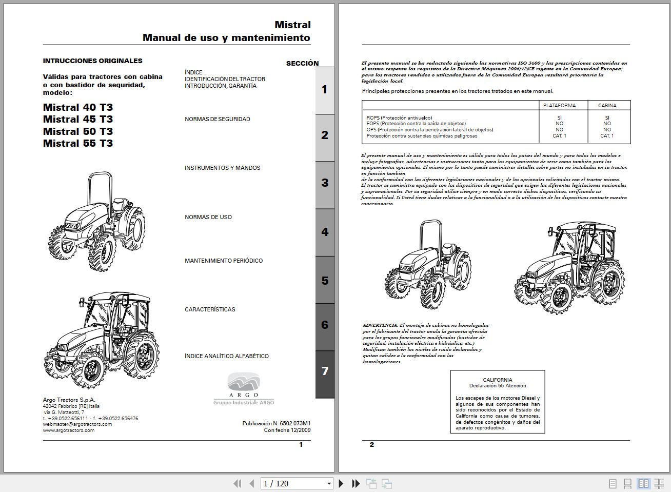 Landini Tractor Mistral 40 T3 to 55 T3 Operators Maintenance Manual 6502073M1 ES 1
