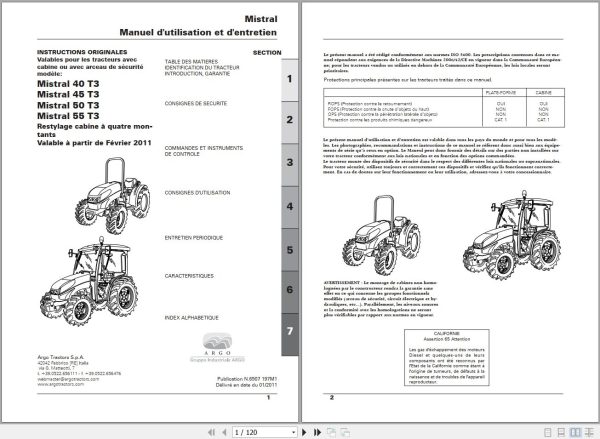 Landini Tractor Mistral 40 T3 to 55 T3 Operators Maintenance Manual 6507197M1 FR 1